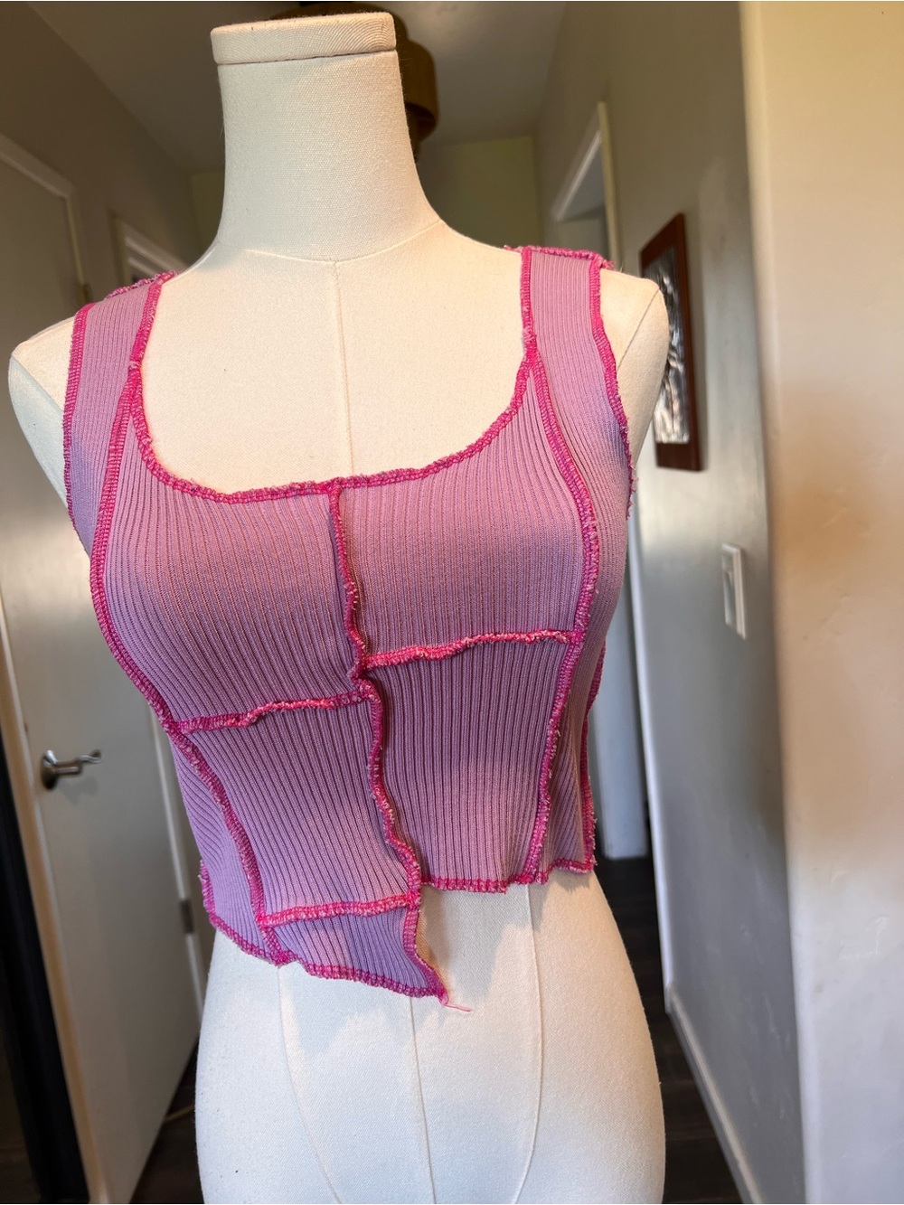 Ribbed Patchwork Pink Bandeau Crop Top